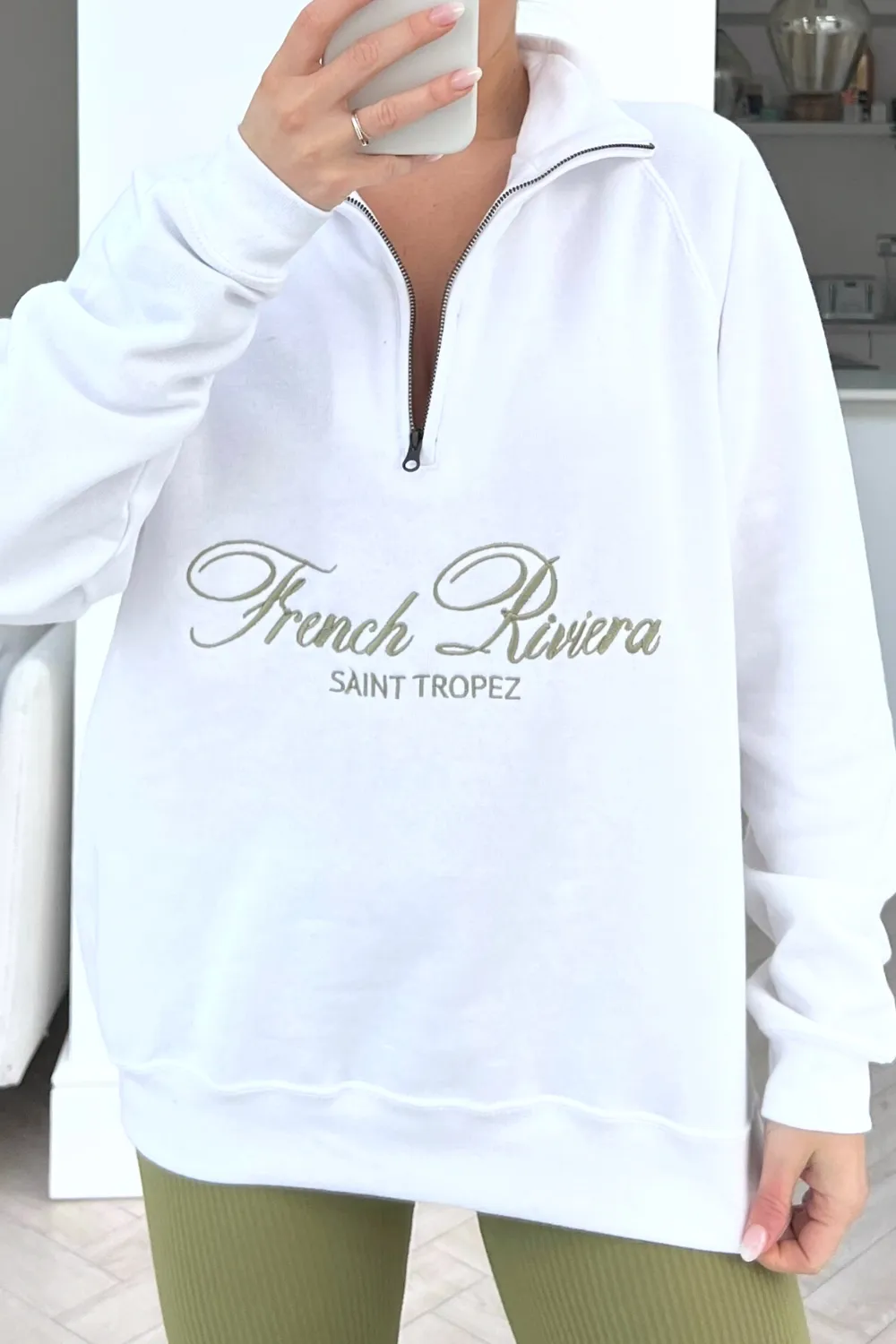 french riviera white & sage 1/4 zip & legging coord