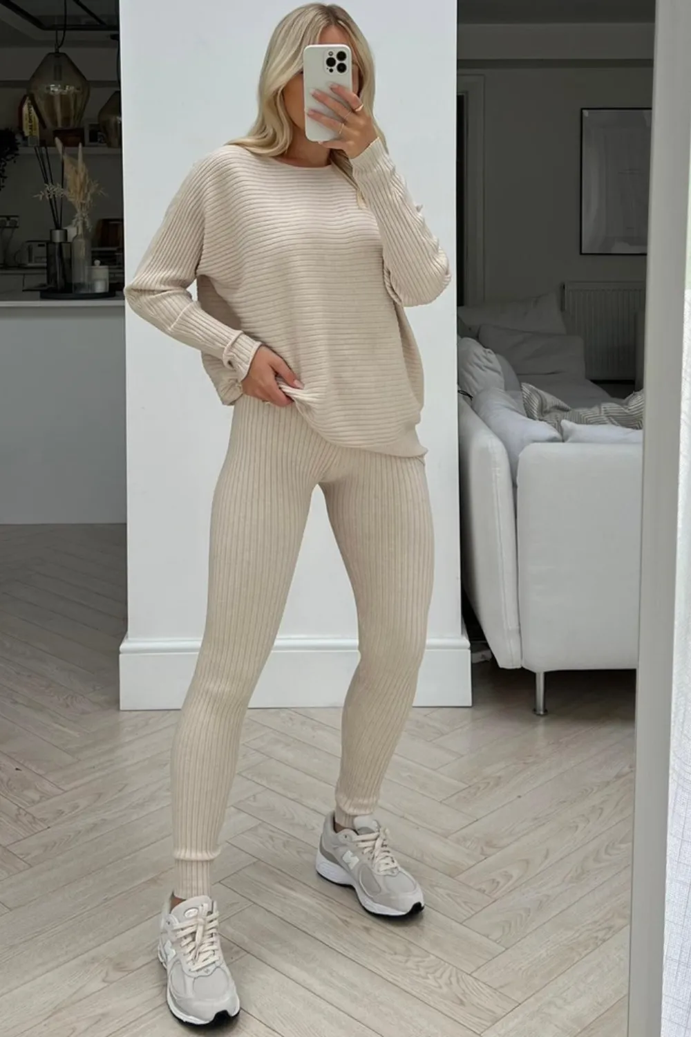 Jade cream ribbed long-sleeve sweater coord